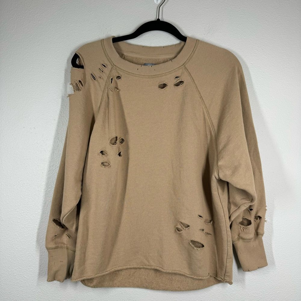 Aerie Distressed Crew Neck Sweatshirt Tan Brown Oversized Size XS